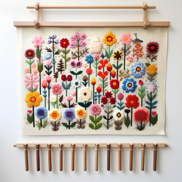Kolorowe hafciarskie prace powieszone na ścianie